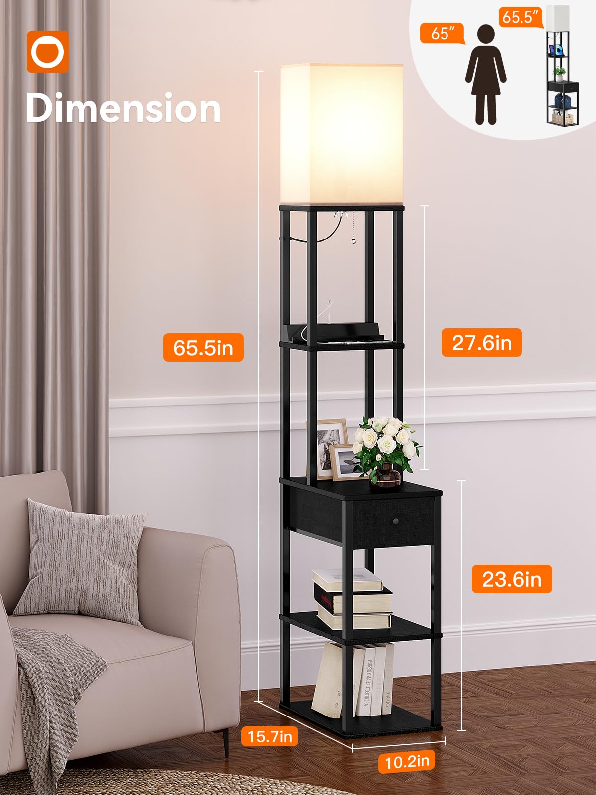 addlon Floor lamp with 2 USB, 1 Outlet and Drawer, 3 Color Temperatures LED Bulb (9W), Sofa lamp with White lampshade, Display Floor lamp with Shelves for Living Room, Bedroom and Office - Black