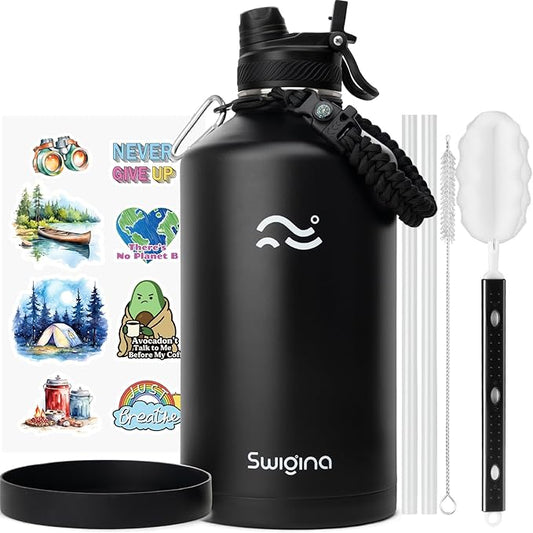 Swigina 1 Gallon Insulated Water Bottle with Silicone Boot (48hrs Cold/24hrs Hot) - DIY Stickers, Leakproof, BPA Free, 128 oz [2-IN-1 LID]