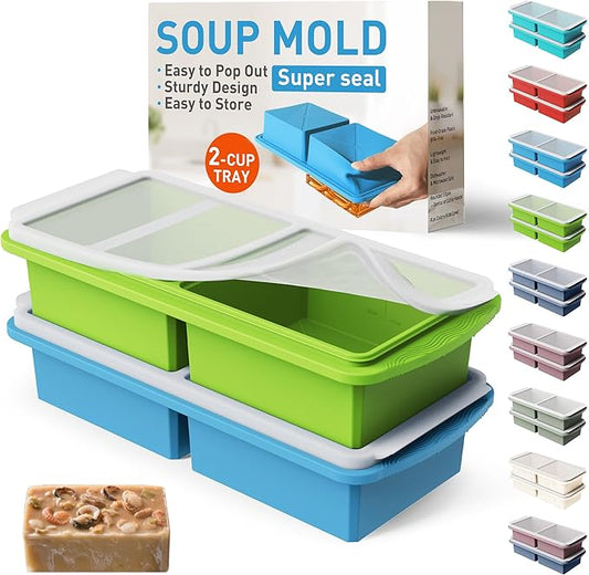 Silicone Freezer Tray with Lid Soup Freezer Container Molds with Steel Reinforced Rim Large Ice Cube Tray Makes 4 Perfect 2 Cup Portions Cubes Storage Food Ice Trays Kitchen Tools for Cooking 2 Pack