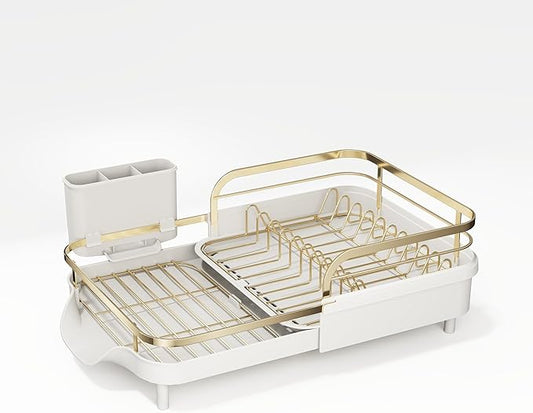 SAYZH Dish Drying Rack - Expandable Dish Rack for Kitchen Counter, Rust-Resistant Dish Drainer with Utensil Holder and Raised Guardrail, Kitchen Organizer for Cup and Bottle (Gold)
