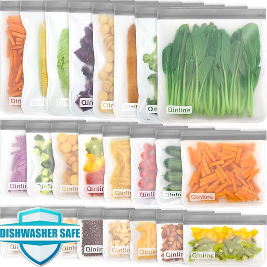 Qinline Reusable Food Storage Bags - 24 Pack Freezer Bag, Reusable Bags, Extra Thick Leakproof Lunch Bag