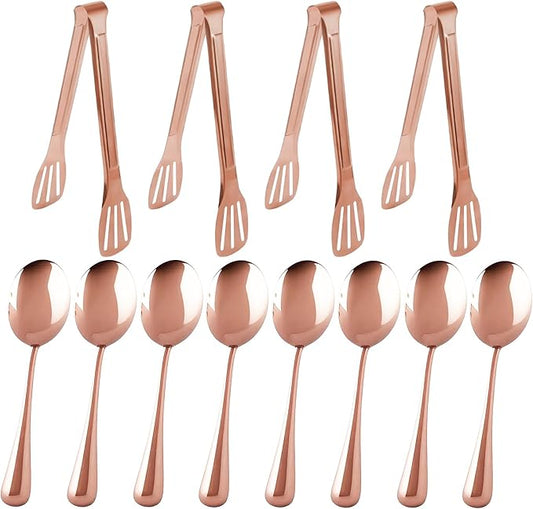 12PCS Stainless Steel Serving Utensils Sets,8 Large Serving Spoons,4 Serving Tongs,Rose Gold Serving Utensills Sets for Buffet Catering Banquet Party (Rose Gold)