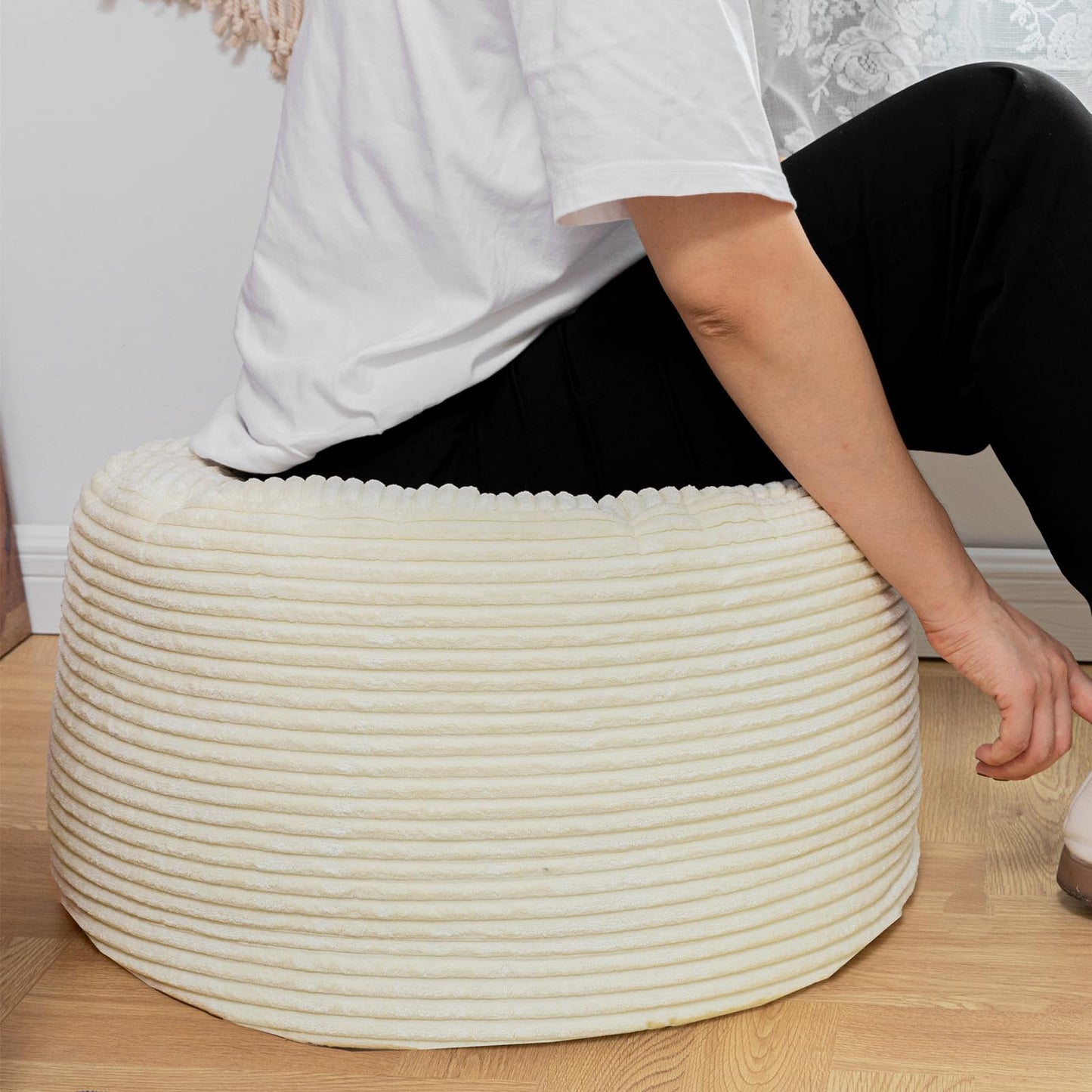 Poofieotto Pouf Ottoman Stuffed Modern Foam Filler Velvet Floor Pouf Round Foot Stool 20 * 12 Inches Ottoman Foot Rest for Living Room, Home Decor (Ivory)