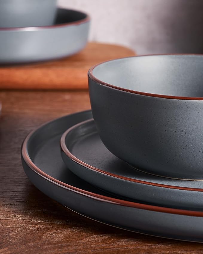 Famiware Mercury Plates and Bowls Sets, 12 Pieces Stoneware Dinnerware Sets, Dishes Set for 4, Microwave and Dishwasher Safe, Charcoal