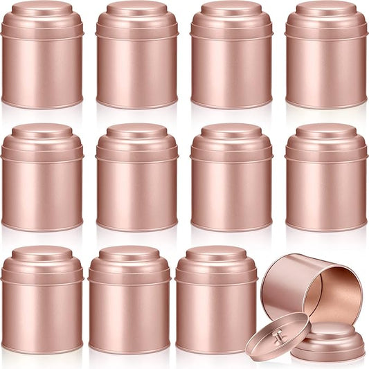 Meanplan 12 Pcs Tea Tin Canister with Airtight Double Lids Round Tin Can Box Small Kitchen Tea Canister Loose Leaf Storage Containers for Loose Bags Coffee Sugar Candy Spices(Rose Gold,8 oz)