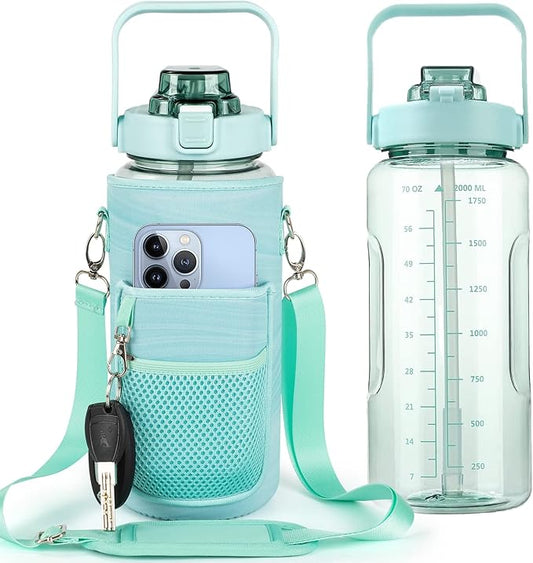 Half Gallon Water Bottle with Sleeve, 64OZ Motivational Water Bottle with Straw & Time Marker, BPA Free Leakproof Large Sports Water Bottle, Reusable Water Jug for Workout Gym Sport