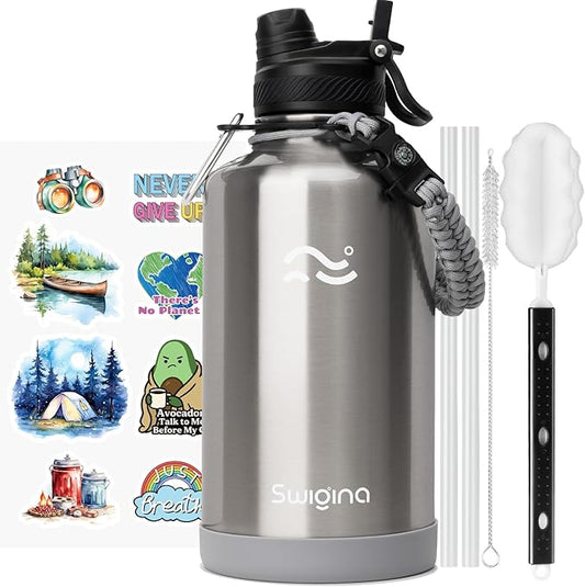 Swigina [2-IN-1 LID] 64 oz Insulated Water Bottle with Silicone Boot (48hrs Cold/24hrs Hot) - DIY Stickers, Leakproof, BPA Free, Half Gallon