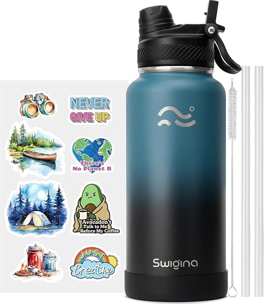 Swigina [2-IN-1 LID] Insulated Water Bottle with Silicone Boot (36hrs Cold/18hrs Hot) - DIY Stickers, Leakproof, BPA Free, 32 oz