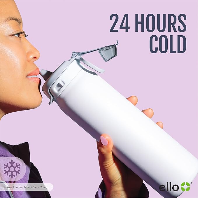 Ello Pop & Fill 22oz Stainless Steel Water Bottle with Quick Fill Technology, Double Walled and Vacuum Insulated Metal, Leak Proof Locking Lid, Sip and Chug, Reusable, BPA Free, Tonal Cream