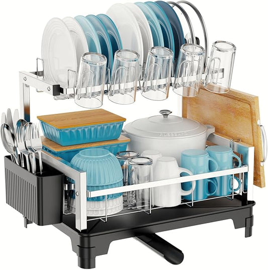 GSlife Stainless Steel Dish Drying Rack 2 Tier, Compact Dish Racks for Kitchen Counter with Cutting Board Holder, Auto-Drain Spout, Rust Proof Dish Drainer for Apartment, 21" L x 12.6" W, Silver
