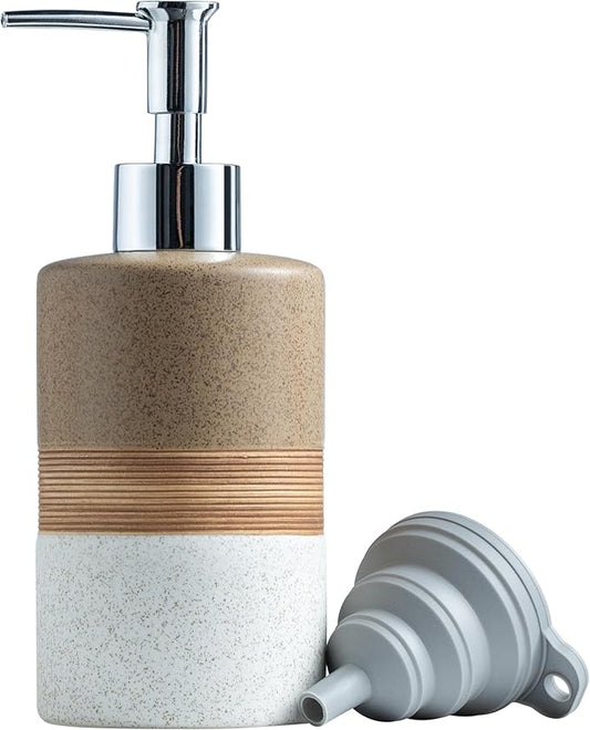 Ceramic Soap Dispenser Set for Hand Soap, Shampoo, Dish Soap, Conditioner, Includes Stainless Steel Pump and Silicone Funnel, 12 Oz, Modern Kitchen Decor