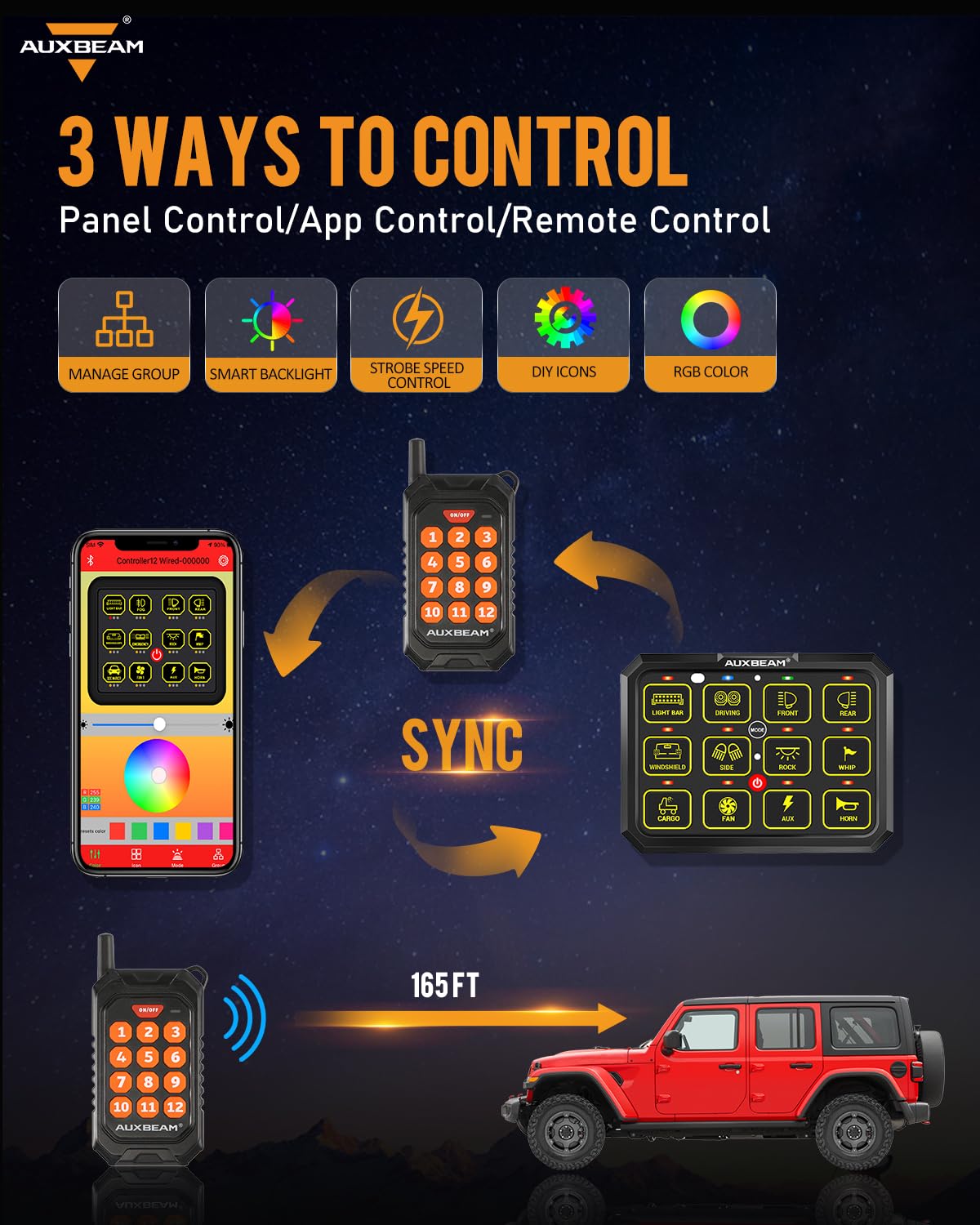 Auxbeam 12 Gang Switch Panel Bluetooth RGB AC-1200 with APP&Remote Control Toggle Momentary Pulsed Switch Pod Off Backlight for Truck Offroad UTV ATV Car Marine 12-24V Waterproof 2 Years Warranty