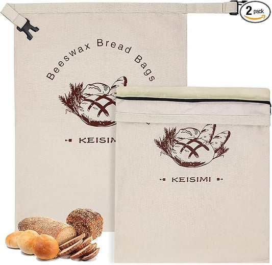 Reusable Bread Bags for Homemade Bread, 2 Pack Beeswax Bread Bags for Sourdough, Cotton Linen Food Storage Bag to Keep Fresh - Extra Large with Zipper（Only One Bag Had Zipper) -17 x 13inch
