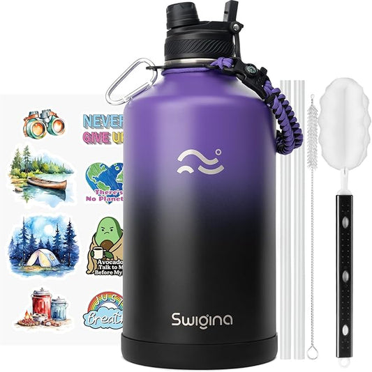 Swigina [2-IN-1 LID] Gallon Insulated Water Bottle with Silicone Boot (48hrs Cold/24hrs Hot) - DIY Stickers, Leakproof, BPA Free, 128 oz