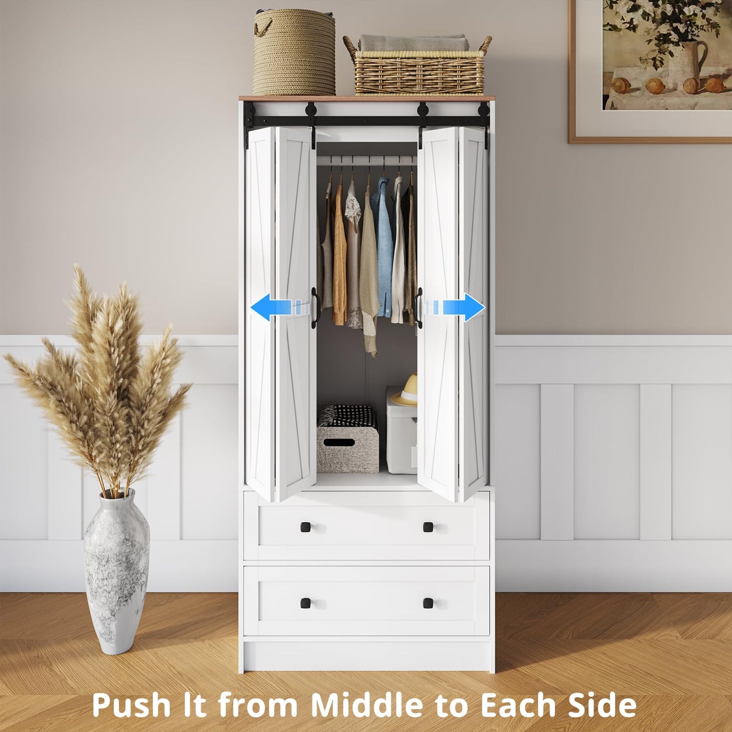 Maupvit Farmhouse Armoire with 2 Folding Sliding Barn Doors and Drawers 70.9" Tall Wooden Bedroom Wardrobe Closet with Spacious Storage Cabinet with Hanging Rod for Bedroom, White