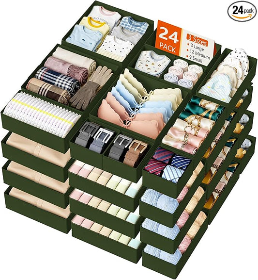 DIMJ Drawer Organizer Clothes - 24 Pack Closet Drawer Organizer Bins for Baby Clothes Storage, Fabric Dresser Organizer for Nursery Bedroom, Foldable Small Drawer Dividers for Underwear Socks