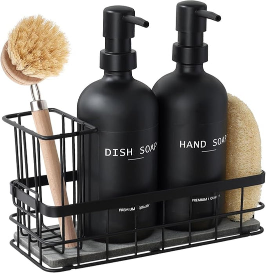 Dish Soap Dispenser for Kitchen, 16.9 fl oz Black Hand and Dish Soap Dispenser Set, Kitchen Soap Dispenser with Sponge Holder, Brush Holder and Loofah Sponge, Countertop Sink Organizer Accessories