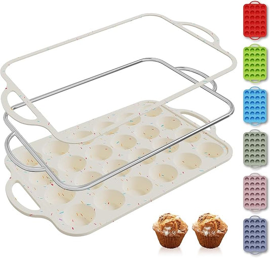 Socisen 24 Cups Silicone Muffin Pan with Metal Reinforced Frame Mini Size Cupcake Pan Tray Egg Bites Silicone Circle Cookie Molds Muffin Tin Tart Pans Non Stick Toxic Oven Safe Baking Sheet Set