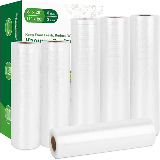 Moretoes Vacuum Sealer Bags for Food, 6 Pack 3 Rolls 11" x 20' and 3 Rolls 8" x 20' Food Saver Bags, Commercial Grade Bag Rolls, BPA Free, Customized Size Bag for Sous Vide Cooking or Meal Prep