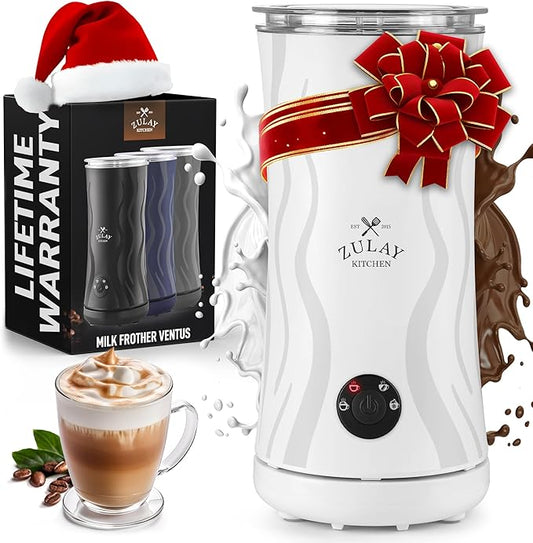 Zulay 4-in-1 Milk Frother and Steamer - Automatic Hot and Cold Foam Maker with Auto Shut Off & Temperature Control for Coffee, Latte, Cappuccino, Hot Chocolate - White