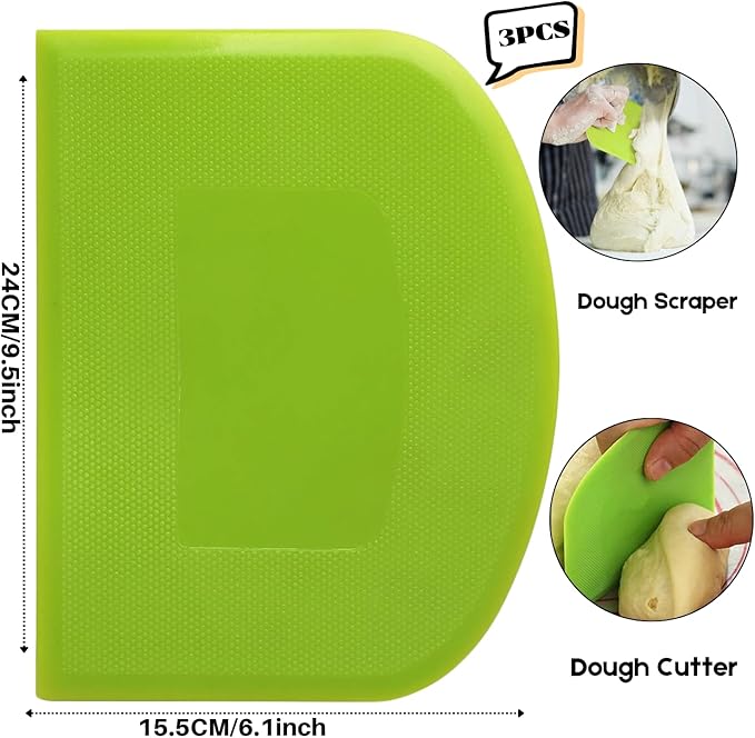 SURDOCA Dough Scraper Bench Scraper - 3P 9.5x6.1" Plastic Flexible Bowl Scraper, Sharp Edge & Angles Cake Scraper. Non-Slip Bakeware Decorating Tools Sculpting & Modeling Tools - Green+Blue+Green