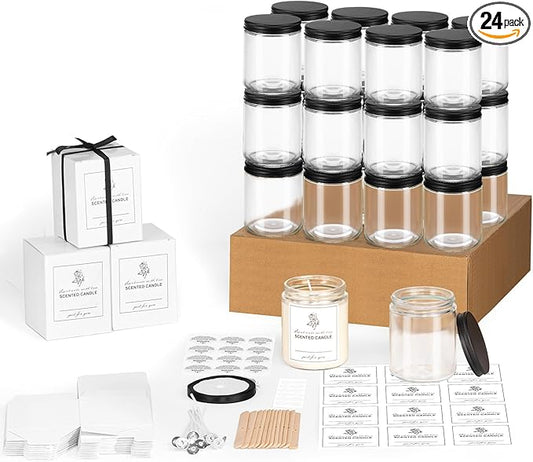 24 Pack 8OZ Thick Glass Jars with Metal Lids,Candle Jars for Candle Making with Kits & Labels & Gift Box,Empty Glass Jars for Food Storage,Canning, Spices, Liquids