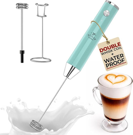 Zulay Kitchen Rechargeable Milk Frother Handheld Lux - Powerful 2-Speed Motor, Waterproof, 2000mAh Battery - Drink Mixer for Latte, Cappuccino, Matcha & Protein Powder - Sky Blue