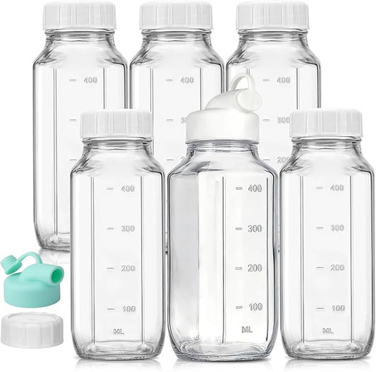 CUCUMI 6 Pack 16 Oz Glass Milk Bottles with Lids, Glass Juice Bottles with Scale & Silicone Pour Spout, Reusable Juice Containers Square Drinking Jars for Milk, Coffee, Smoothies, Water