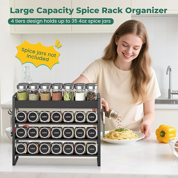 EsLuker.ly Spice Seasoning Rack Organizer Kitchen Countertop, 4 Tier Bamboo Spice Shelf Holder Storage with 4 Hooks, Wall Mounted Freestanding Stand for Pantry, Black (Jars Not Included)