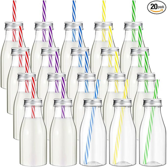 Yinkin 20 Sets Plastic Milk Bottles with Straws Lids Clear Plastic Containers for Dairy Milk Party Bottle for Juices Shakes Smoothies (8 oz,Summer Color)