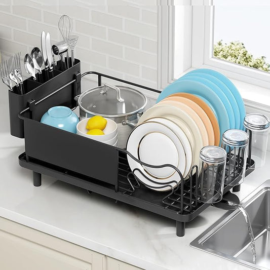 Stainless Steel Dish Drying Rack - Large Capacity Dish Rack for Kitchen Counter with Drain Board, Rustproof Dish Drainer with Drain Spout, Utensil Holder & Glass Holder, Dinnerware Organizer, Black
