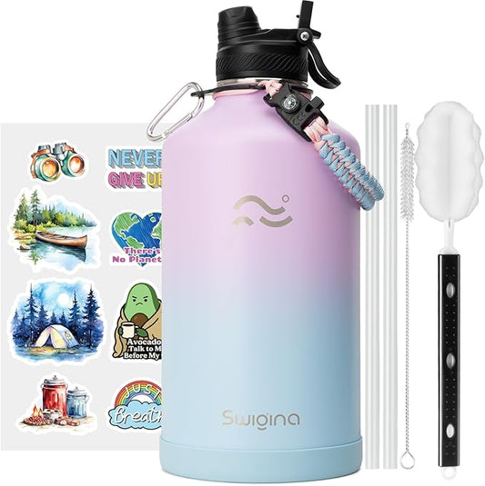 Swigina [2-IN-1 LID] Gallon Insulated Water Bottle with Silicone Boot (48hrs Cold/24hrs Hot) - DIY Stickers, Leakproof, BPA Free, 128 oz