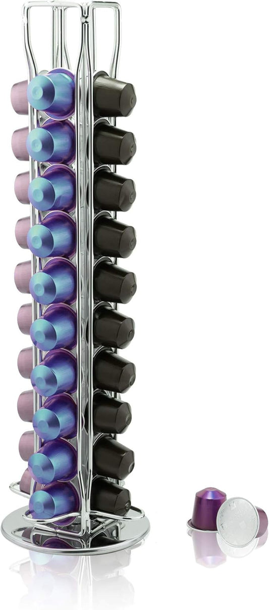 pigchcy Coffee Pods Holder for 40 Original Line Capsules, 360 Degrees Rotating Tower Design, Elegant Modern Chrome Finish, Compatible with Nespresso Capsules (Silver)