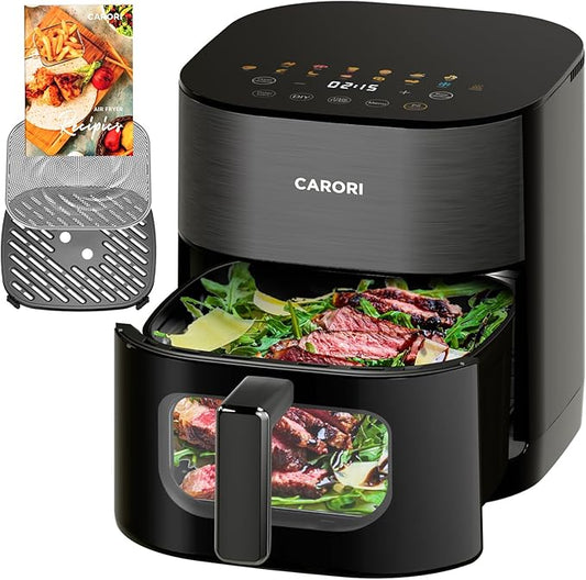 CARORI 6QT Dual Heat Air Fryer with Viewing Window, 14 Presets for Fry, Roast, Bake & More, 392℉ Max Crisp Without Flipping, 1700W Fast Cooking, Dishwasher Safe Basket