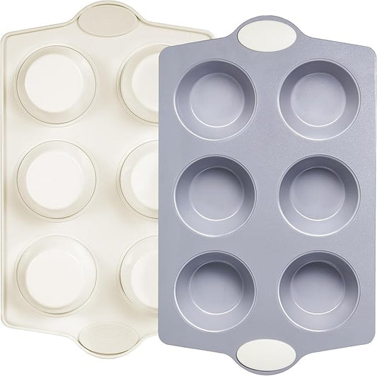 BRONYPRO 2-Pack 6-Cup Non Toxic Nonstick Ceramic Jumbo Muffin Pan & Cupcake Tin, PFOA & PFOA Free, Heavy Duty Rust-Resistant Aluminized Steel, Oven Safe, Cream White