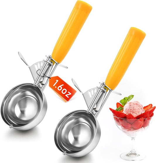 Reallnaive 2 Pcs Release Cookie Scoops Ice Cream Scooper with Trigger Release Portion Scoop Stainless Steel for Portion Control, Baking Food, Cookie Dough (1.6 oz,Yellow)