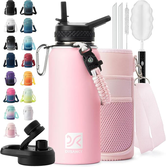 DYSANKY Insulated Water Bottle | Thickened Stainless Steel Vacuum Metal | Portable Sports Water Jug for Gym and Hiking with Straw, Carrier Bag, Handle Strap | BPA-Free 32 oz, Pink