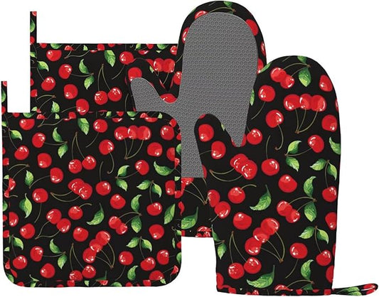 Watercolor Cherries Oven Mitts and Pot Holders Sets Silicone Cherry Fruit Pattern Kitchen Oven Mitts Hot Pads Heat Resistant Potholders Kitchen Mitts Set for Baking BBQ Cooking