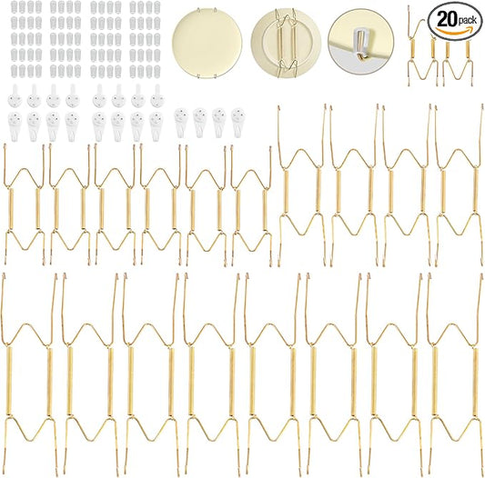 Bilillo 20 Pieces Stainless Steel Spring Plate Hangers for The Wall, 4/6/8/10 Inch Invisible Wire Holders with 20 Pcs Wall Hooks, Fit 4-11 Inch Decorative Plates, Platters & Dishes (Gold)