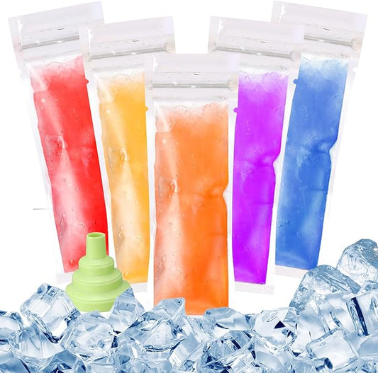 Hoolerry 600 Pcs Disposable Ice Mold Bags with 1 Silicone Funnel Freezer Tubes with Zip Seals Candy Ice Mold Yogurt Tubes Pouch for Snack Juice Fruit Smoothies Party Favor (2 x 5.1 Inch)