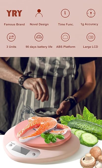 YRY Pink Kitchen Scale - Large LCD, Tare Function, 11 lbs Capacity, 0.03 oz Precise Graduation - Perfect Food Scale for Baking & Cooking, ML & Oz Unit for Liquids and Solids (Pink 5kg/1g)