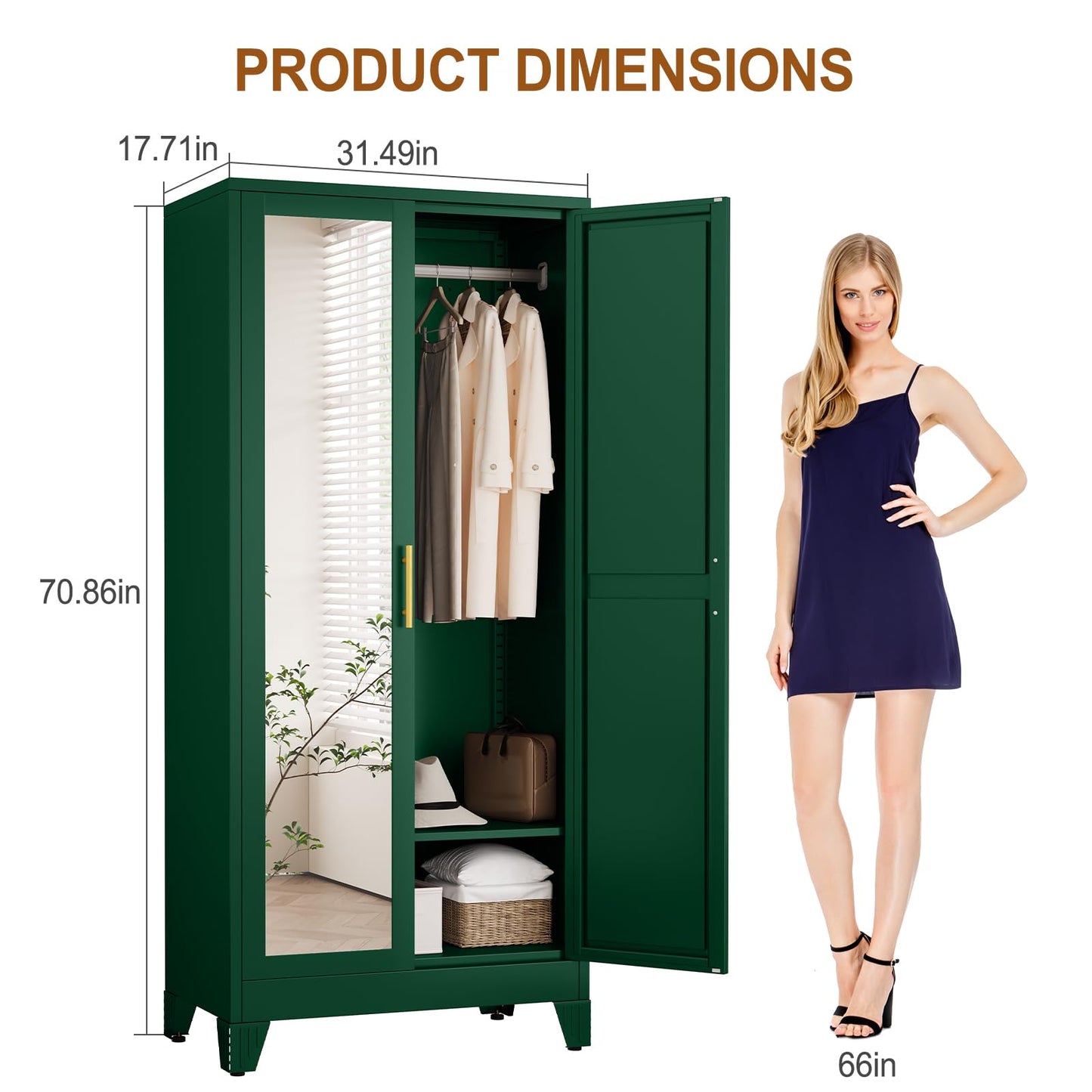 Metal Armoire Wardrobe Closet Storage Cabinet with Mirror, 71'' Wardrobe Cabinet with Hanging Rod Metal Closet with 2 Adjustable Shelves for Bedroom, Laundry Room, Cloak Room