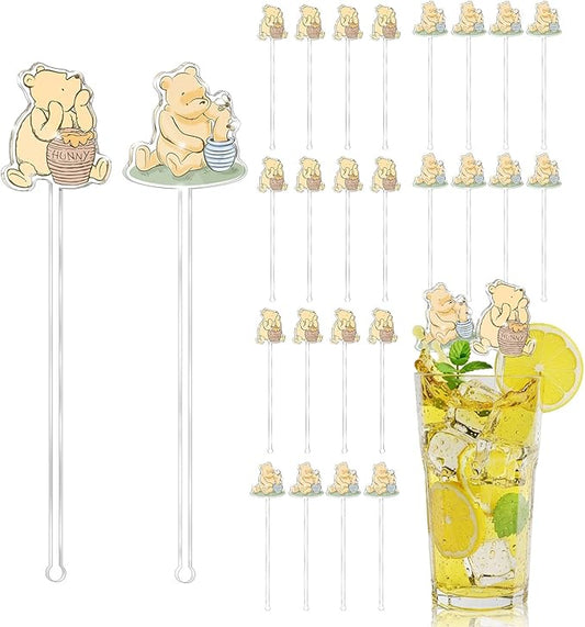 Winne Bear Theme Stirring Sticks for Cocktail, Coffee, Cake Pops, Stirrers Sticks Acrylic for Bar, Party Halloween Disposible Drinks Stick for Christmas Party(24 Pcs)