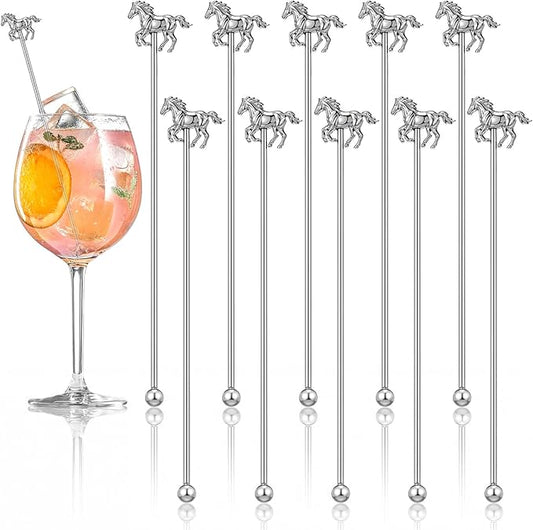 MorningRo 10 Pcs Derby Drink Stirrers Swizzle Sticks for Cocktails Reusable 6.89 Inches 3D Horse Metal Drink Stirrers for Coffee Beverage Party Bar Weddings Event