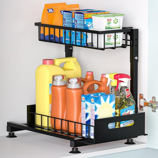 L-Shaped Under Sink Organizer, 2-Tier Pull Out Metal Kitchen Cabinet Organizer with Sliding Storage Drawer, Height Adjustable Heavy Duty Under Bathroom Sink Storage for Cleaning Supplies 1 Pack