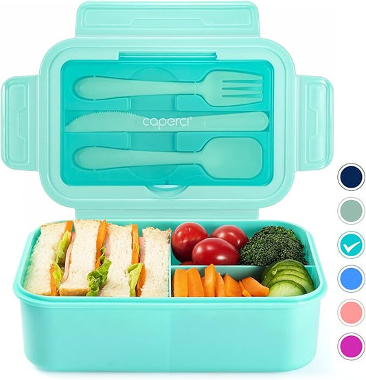 Caperci Classic Bento Box Adult Lunch Box for Older Kids - Leakpoof 47 oz 3-Compartment Lunch Containers for Adults and Teens, Built-in Utensil Set, Ideal for On-the-Go Balanced Eating, Aqua