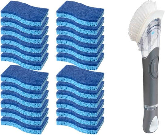 CELOX 24 Pack Non-Scratch Dish Sponge and Dish Brush with Soap Dispenser for Cleaning Pots, Dishes, Bowls, Gray