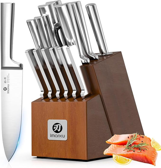 imarku 15-Piece Knife Block Set Built-in Sharpener, Japanese High Carbon Stainless Steel Kitchen Knife Set, Dishwasher Safe, Chef Knife Set with Wooden Knife Block, Steak Knives for Kitchen Cooking