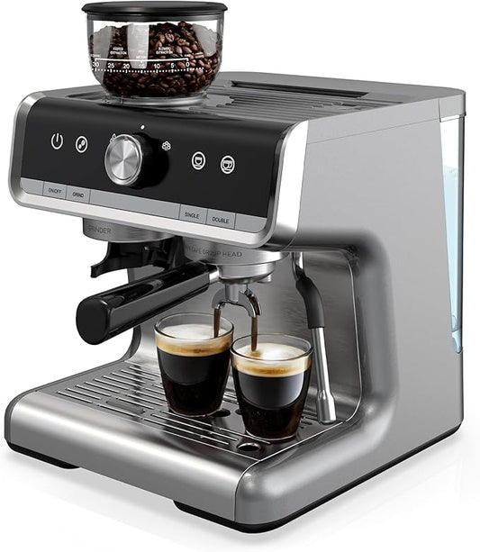 GarveeHome Espresso Machine With Grinder, 20 Bar Semi-Automatic Espresso Coffee Maker With Milk Frother Steamer Wand Cappuccino Latte Macchiato, 95 oz Water Tank, Pid Temperature Control-Light Gray