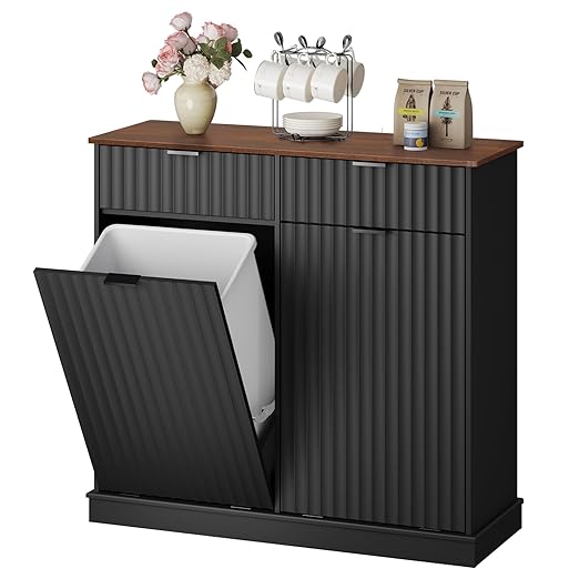 WLIVE 2 * 10 Gallon Double Tilt Out Trash Can Cabinet, Hidden Trash Can with Storage Drawers, Food/Clothes Storage Pet Proof Wooden Garbage Bin Cabinet for Kitchen, Home, Laundry (Black)